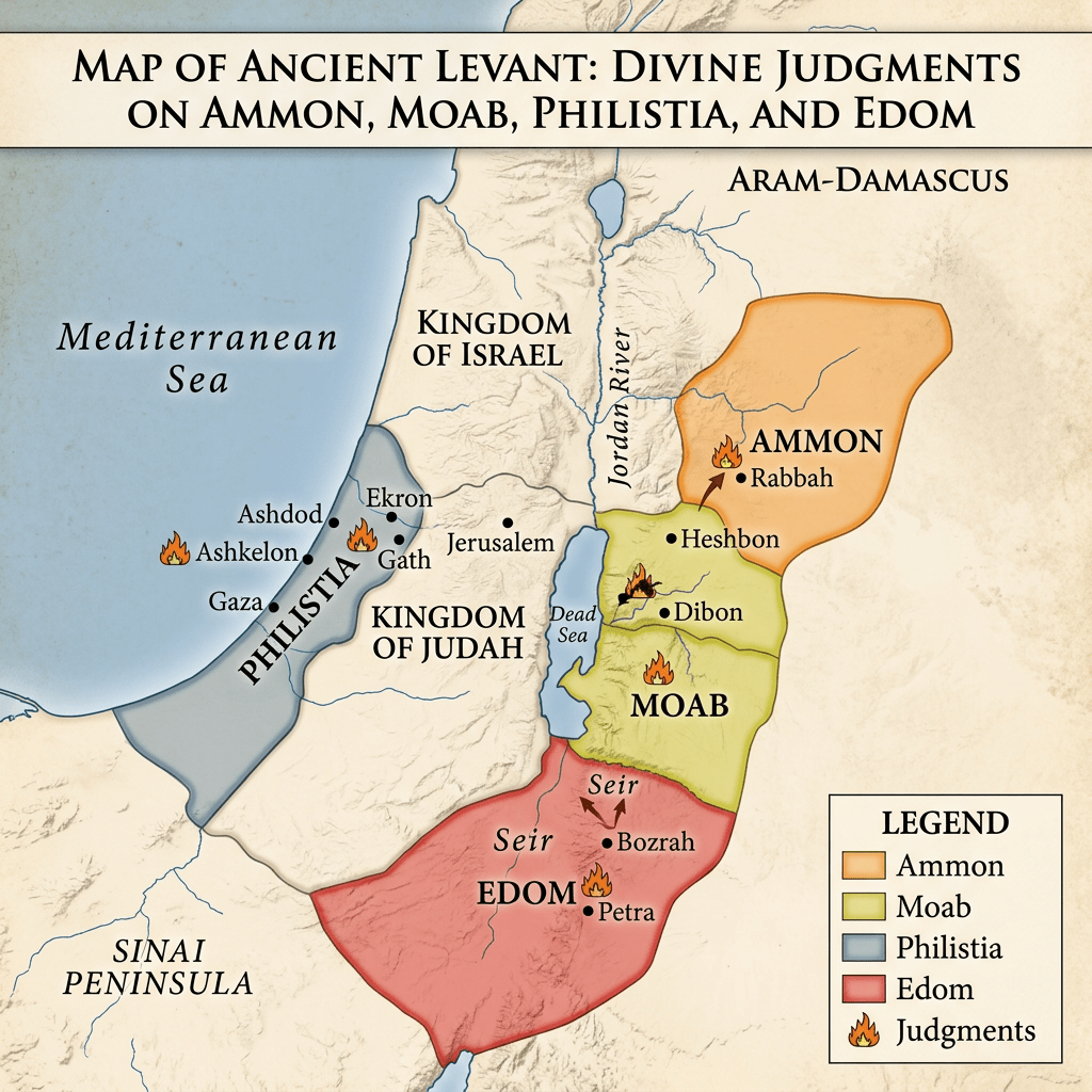 Map of ancient Levant showing Ammon, Moab, Philistia, and Edom with divine judgment symbols