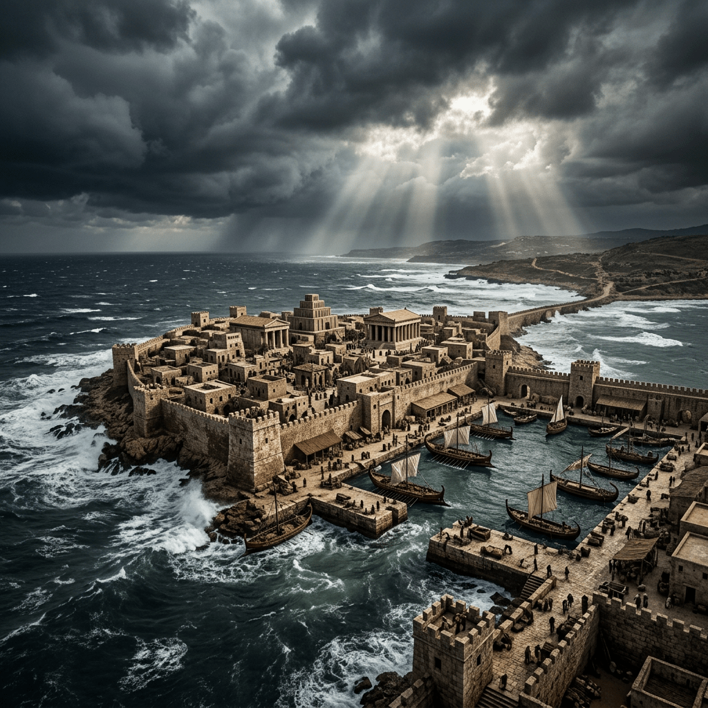 Ancient stone coastal city with harbor, boats, and stormy sky