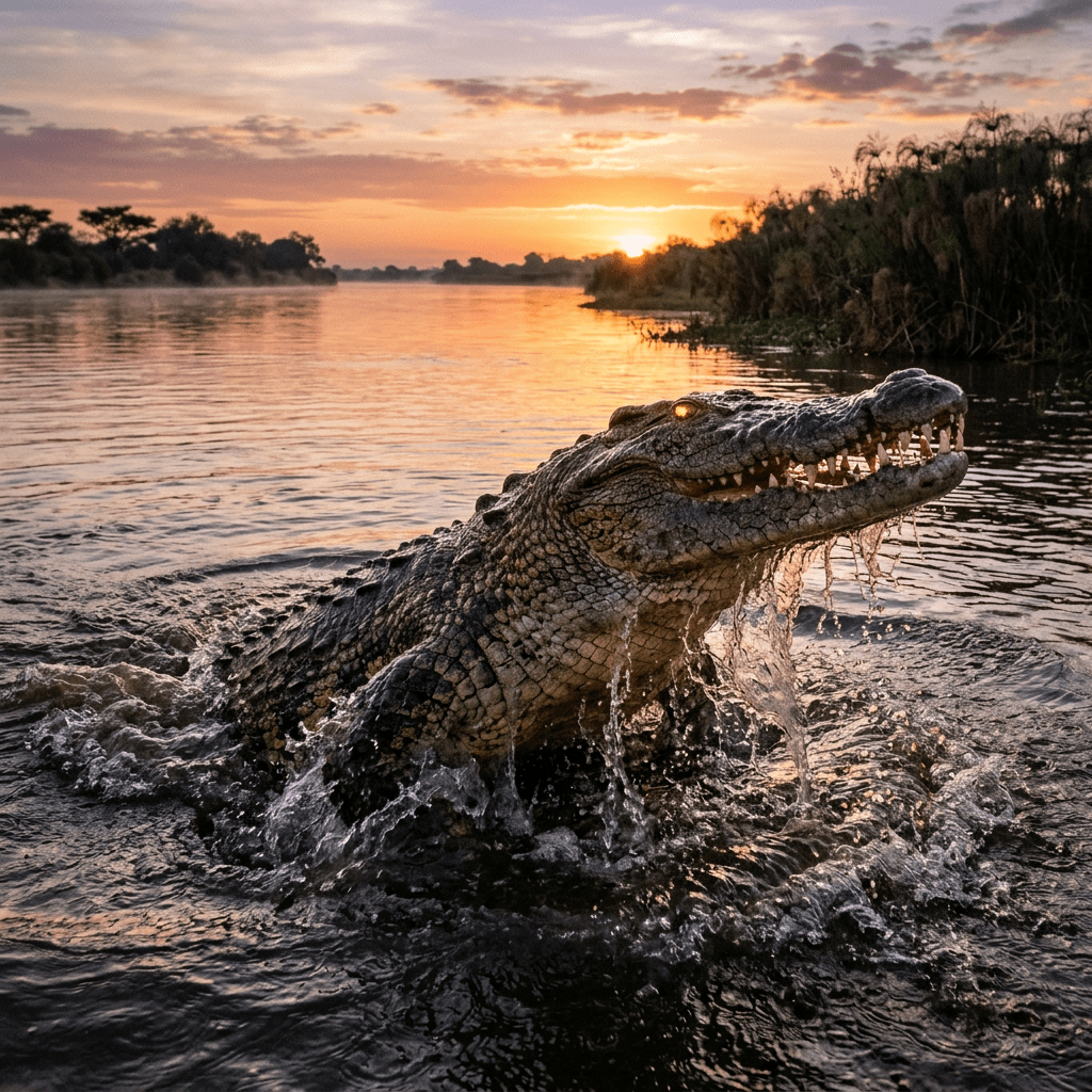 Crocodile in river water with open mouth at sunset