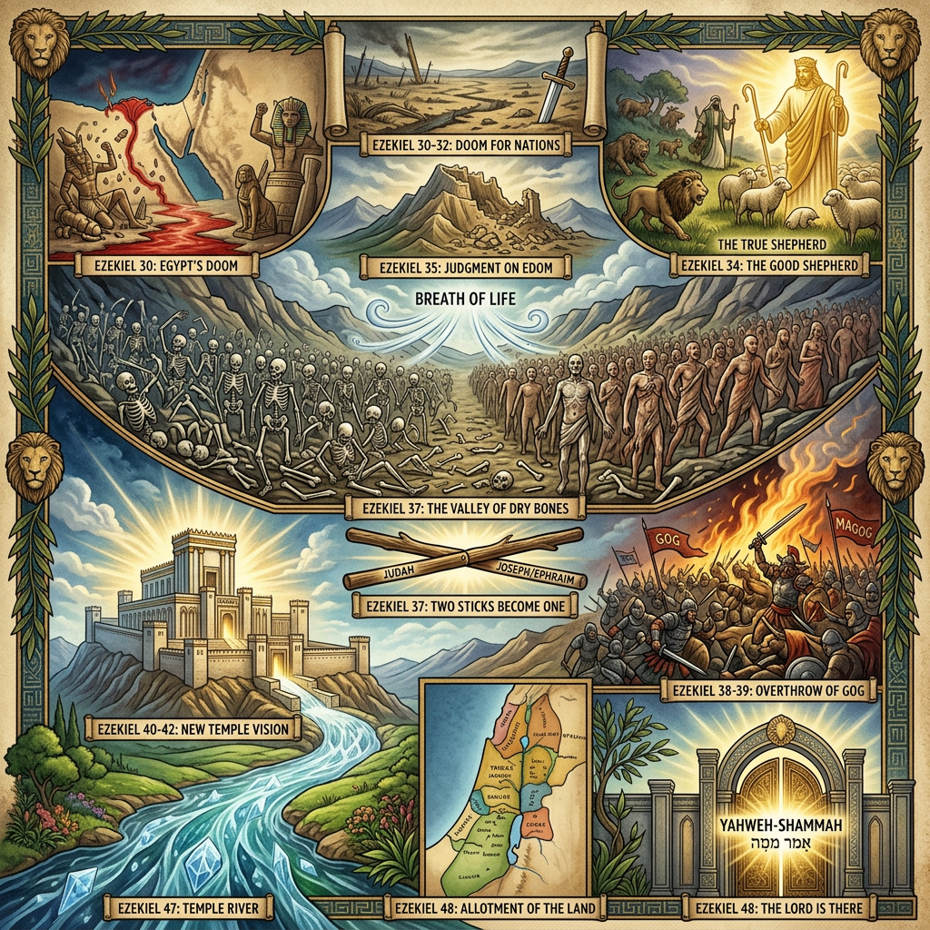Illustrated biblical scenes from Ezekiel showing Egypt's doom, dry bones revival, temple vision, Gog battle, and land allotment.